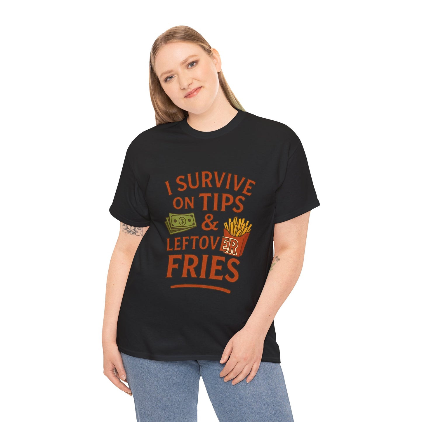 Funny Tip & Leftover Fries Tee - Unisex Heavy Cotton T-Shirt, Perfect for Servers, Foodies, Casual Wear, Gift for Waitstaff, Humor Apparel
