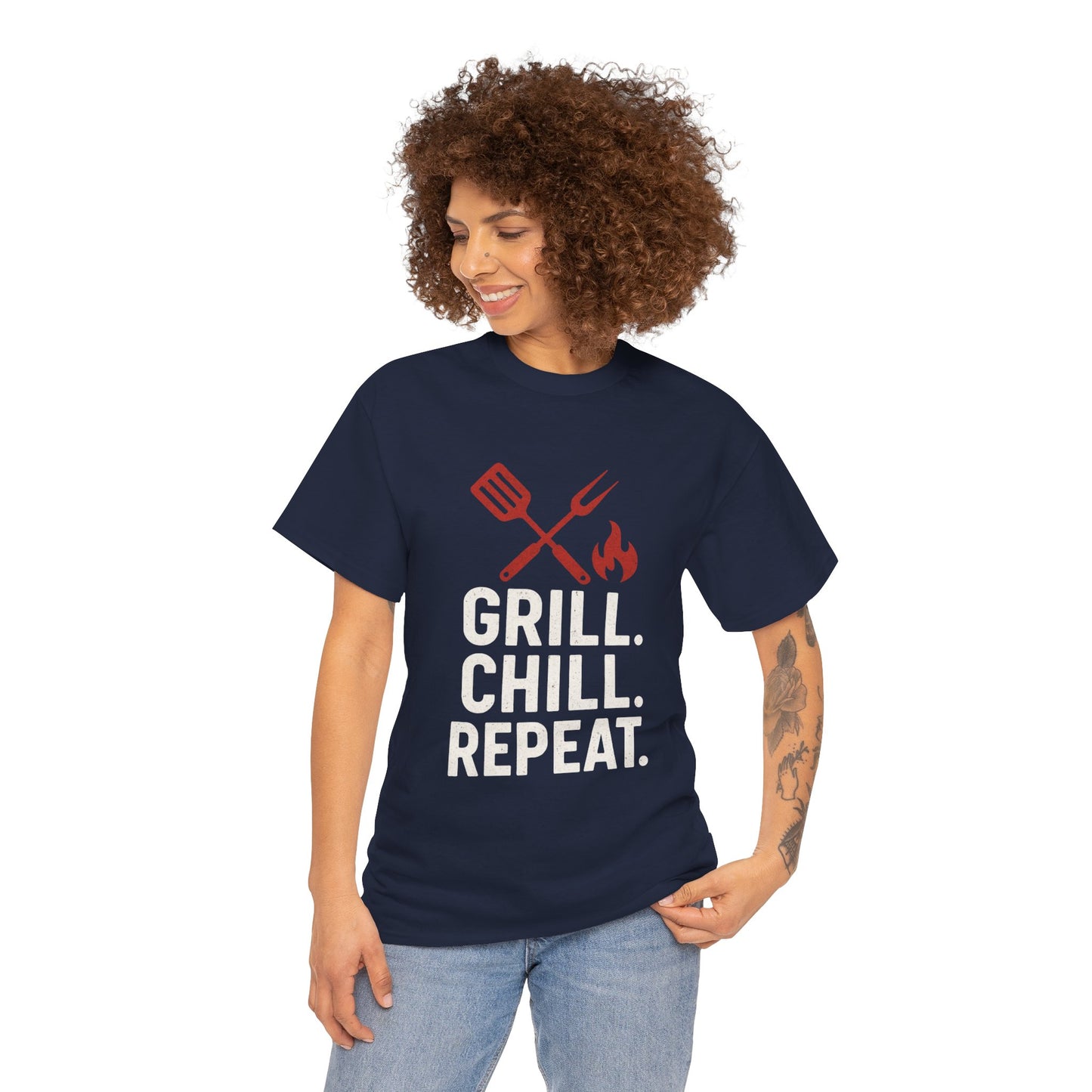 Grill Chill Repeat Tee | Summer BBQ Shirt, Unisex Cotton T-Shirt, Gift for Grill Lovers, Casual Summer Wear, Cookout Apparel