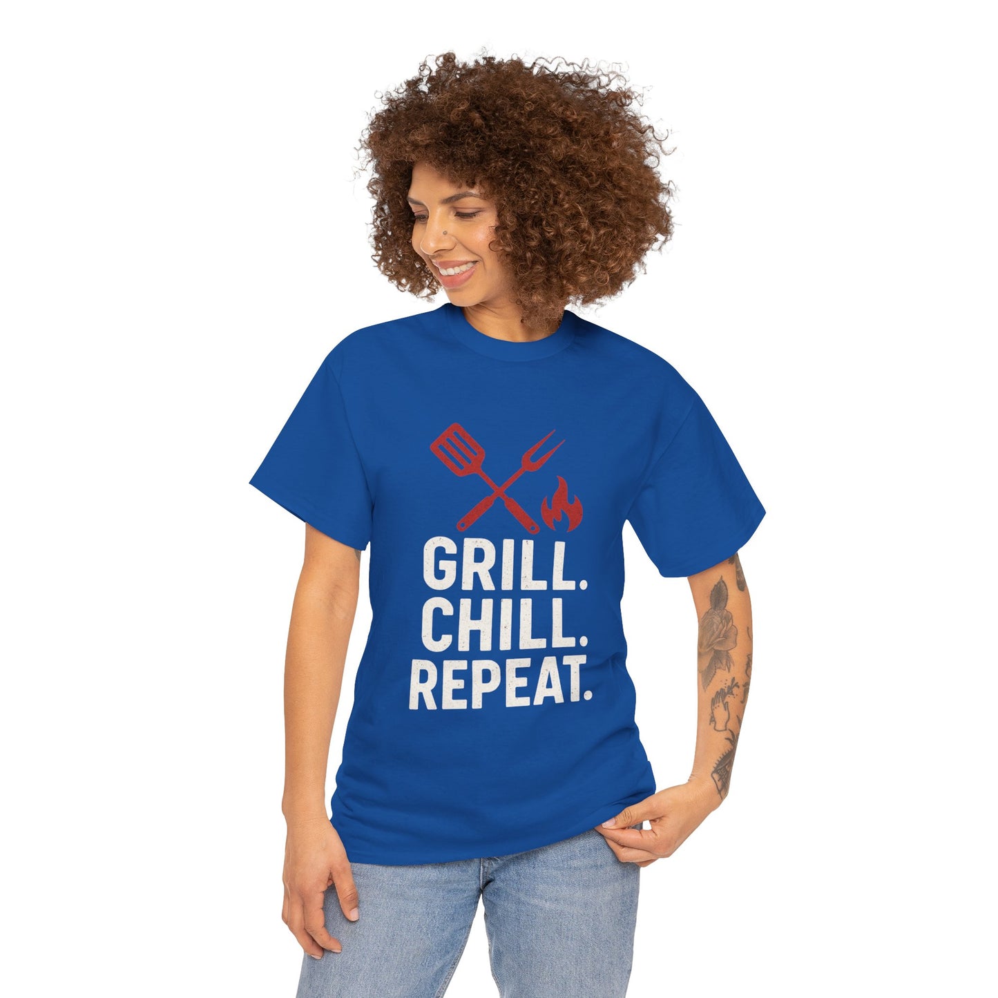 Grill Chill Repeat Tee | Summer BBQ Shirt, Unisex Cotton T-Shirt, Gift for Grill Lovers, Casual Summer Wear, Cookout Apparel