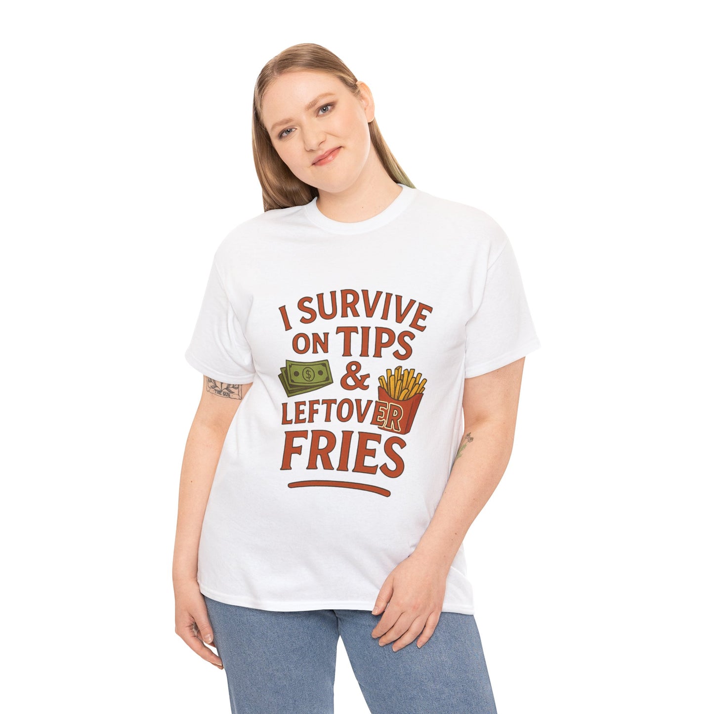 Funny Tip & Leftover Fries Tee - Unisex Heavy Cotton T-Shirt, Perfect for Servers, Foodies, Casual Wear, Gift for Waitstaff, Humor Apparel