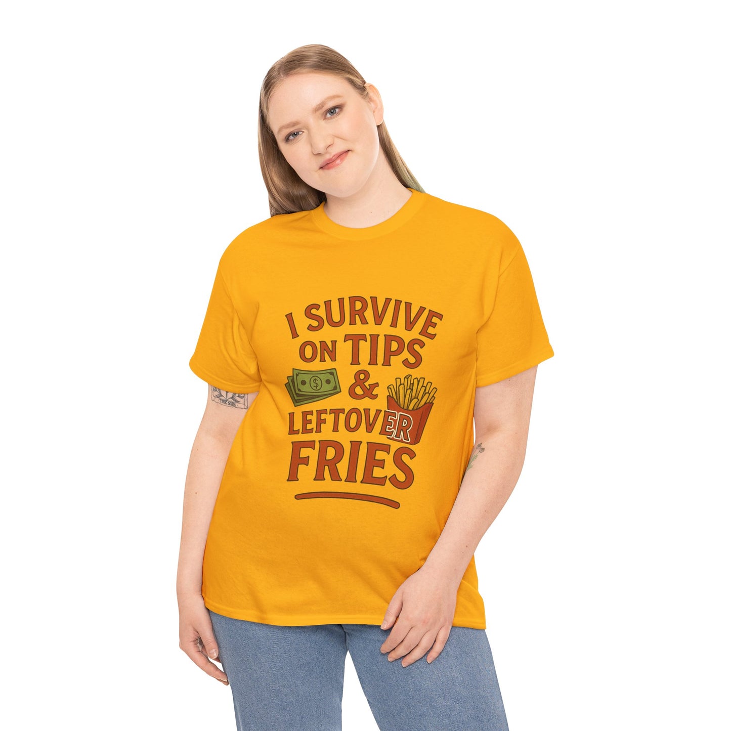 Funny Tip & Leftover Fries Tee - Unisex Heavy Cotton T-Shirt, Perfect for Servers, Foodies, Casual Wear, Gift for Waitstaff, Humor Apparel