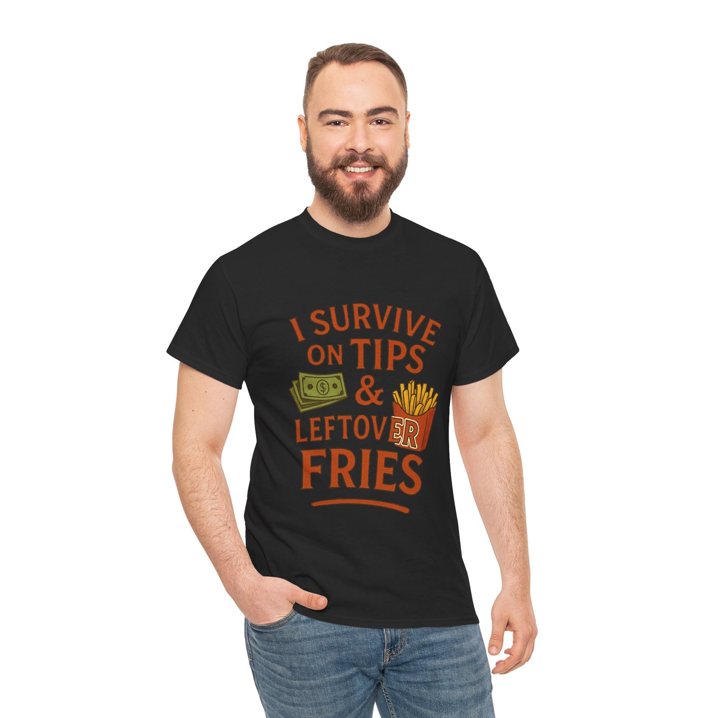 Funny Tip & Leftover Fries Tee - Unisex Heavy Cotton T-Shirt, Perfect for Servers, Foodies, Casual Wear, Gift for Waitstaff, Humor Apparel