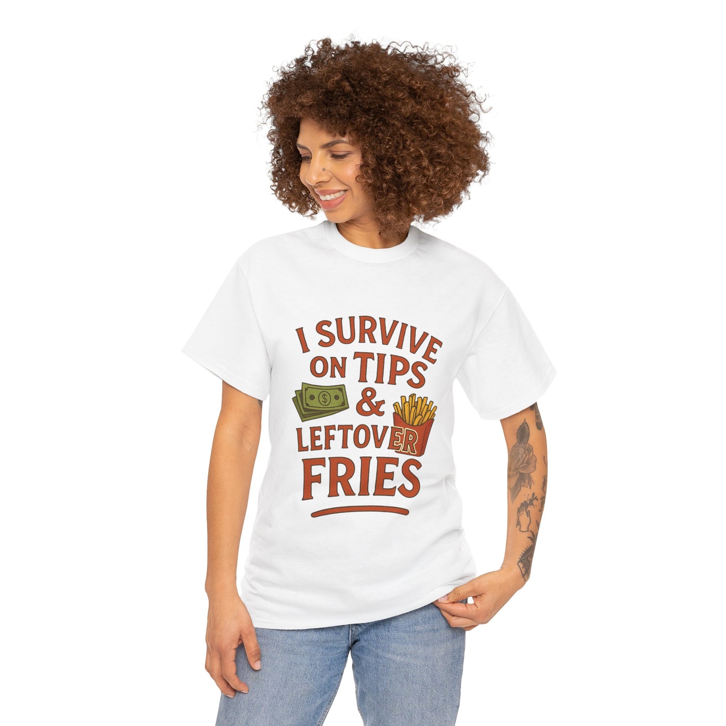 Funny Tip & Leftover Fries Tee - Unisex Heavy Cotton T-Shirt, Perfect for Servers, Foodies, Casual Wear, Gift for Waitstaff, Humor Apparel