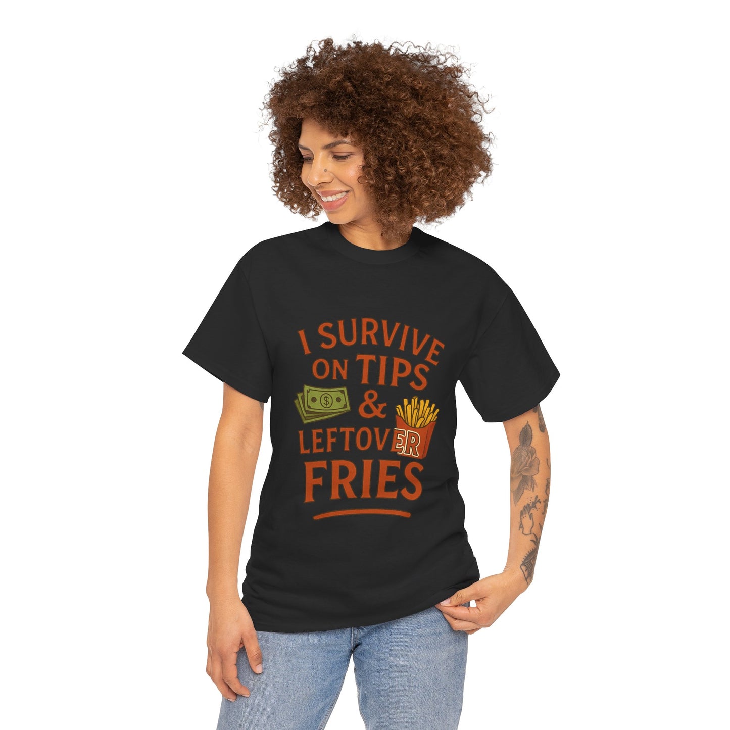 Funny Tip & Leftover Fries Tee - Unisex Heavy Cotton T-Shirt, Perfect for Servers, Foodies, Casual Wear, Gift for Waitstaff, Humor Apparel