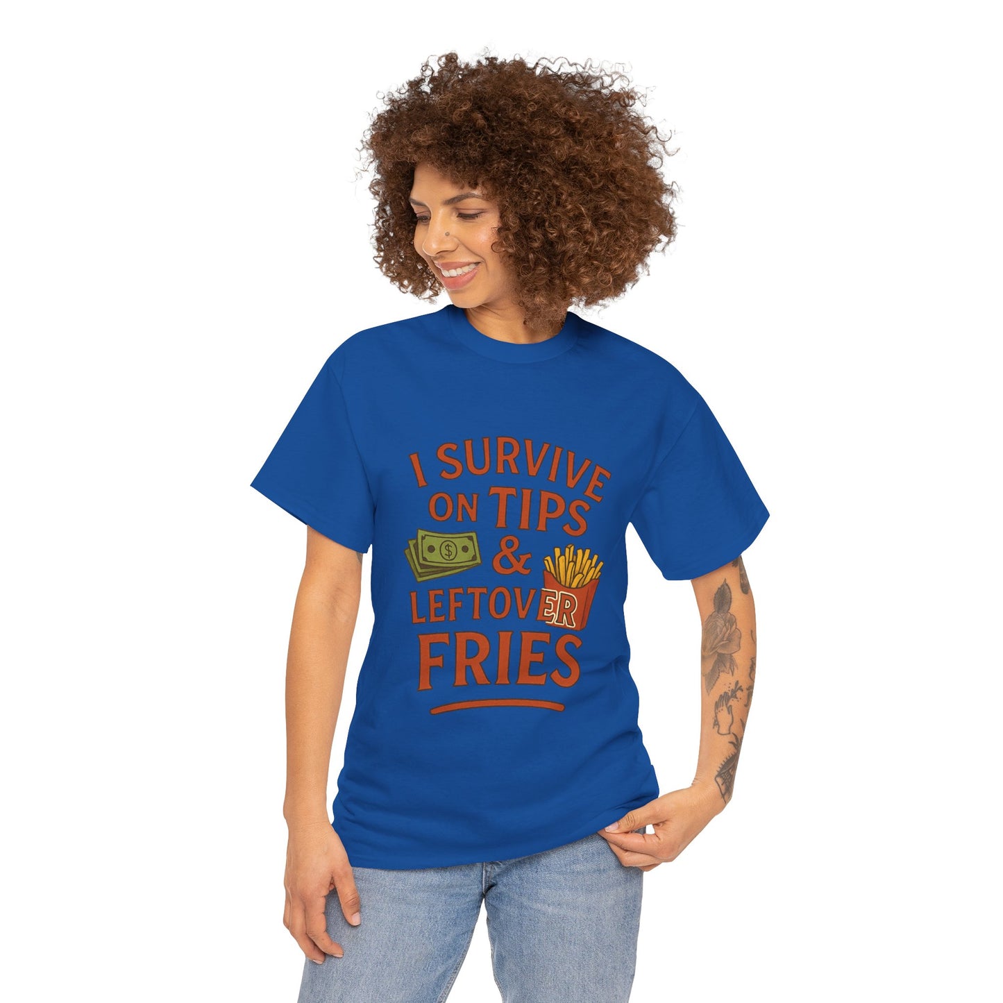 Funny Tip & Leftover Fries Tee - Unisex Heavy Cotton T-Shirt, Perfect for Servers, Foodies, Casual Wear, Gift for Waitstaff, Humor Apparel