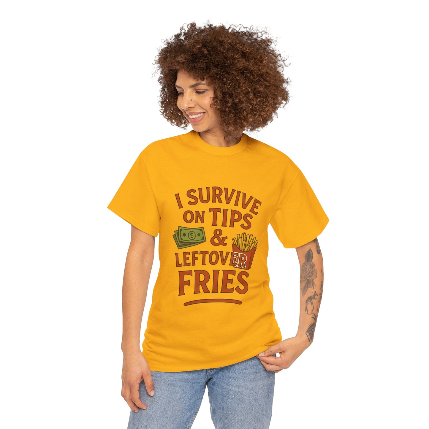 Funny Tip & Leftover Fries Tee - Unisex Heavy Cotton T-Shirt, Perfect for Servers, Foodies, Casual Wear, Gift for Waitstaff, Humor Apparel
