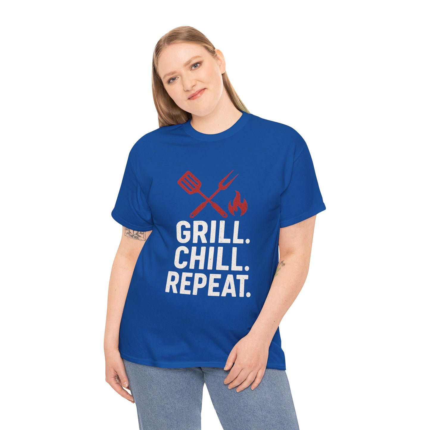 Grill Chill Repeat Tee | Summer BBQ Shirt, Unisex Cotton T-Shirt, Gift for Grill Lovers, Casual Summer Wear, Cookout Apparel