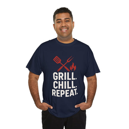 Grill Chill Repeat Tee | Summer BBQ Shirt, Unisex Cotton T-Shirt, Gift for Grill Lovers, Casual Summer Wear, Cookout Apparel