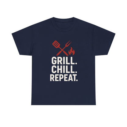 Grill Chill Repeat Tee | Summer BBQ Shirt, Unisex Cotton T-Shirt, Gift for Grill Lovers, Casual Summer Wear, Cookout Apparel