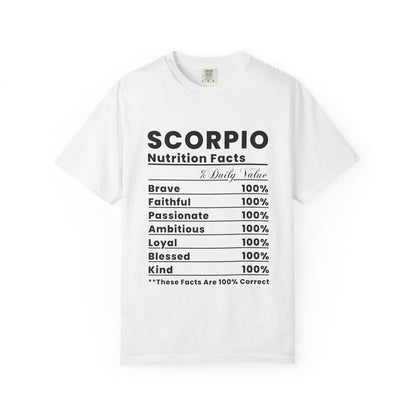 Scorpio Horoscope Nutrition Facts T-shirt, Unisex Astrology Tee, Gift for Scorpio Friends, Zodiac Sign Apparel, Horoscope Shirt