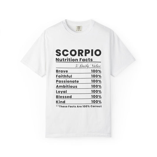 Scorpio Horoscope Nutrition Facts T-shirt, Unisex Astrology Tee, Gift for Scorpio Friends, Zodiac Sign Apparel, Horoscope Shirt