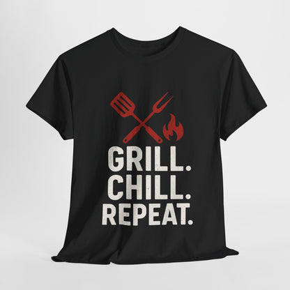 Grill Chill Repeat Tee | Summer BBQ Shirt, Unisex Cotton T-Shirt, Gift for Grill Lovers, Casual Summer Wear, Cookout Apparel